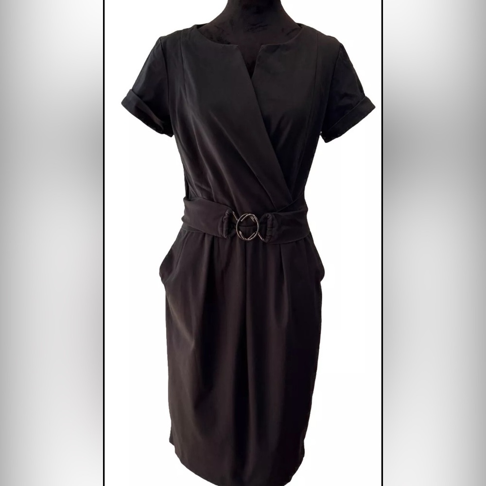 Shape FX ladies fitted bodycon all black belted dress size 10 cotton blend‎